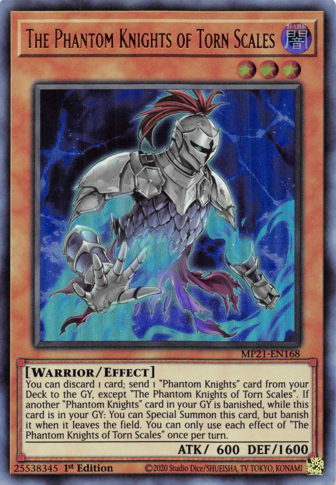 1st Edition, 2021 Tin of Ancient Battles, Dark, Effect Monster, Ultra Rare, Warrior The Phantom Knights of Torn Scales [MP21-EN168] Ultra Rare - Trading Card World
