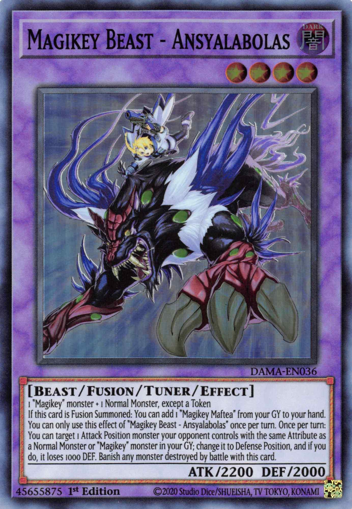1st Edition, Beast, Dark, Dawn of Majesty, Fusion/Tuner/Effect Monster, Super Rare Magikey Beast - Ansyalabolas [DAMA-EN036] Super Rare - Trading Card World
