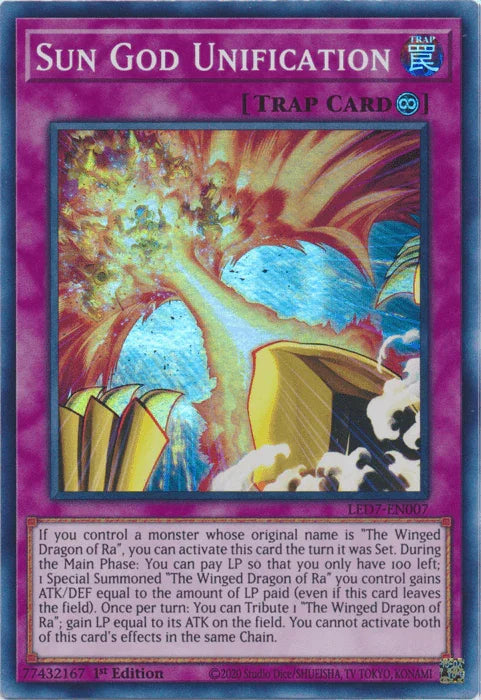 1st Edition, Continuous Trap, Legendary Duelists: Rage of Ra, Super Rare, Trap, Unlimited Sun God Unification [LED7-EN007] Super Rare - Trading Card World