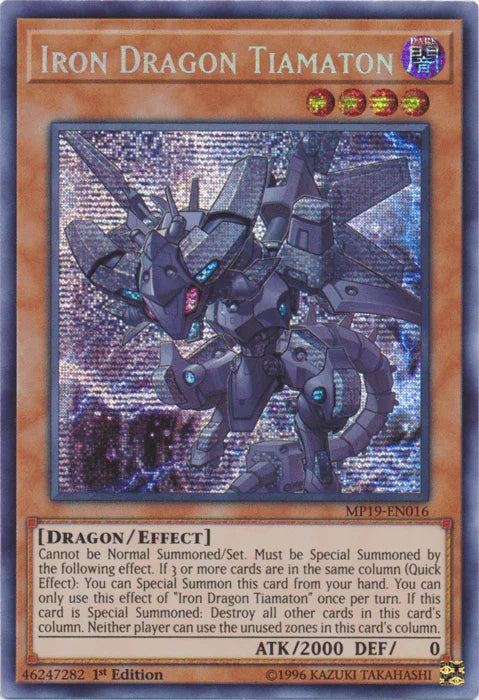 1st Edition, 2019 Gold Sarcophagus Tin Mega Pack, Dark, Dragon, Effect Monster, Prismatic Secret Rare, Unlimited Iron Dragon Tiamaton [MP19-EN016] Prismatic Secret Rare - Trading Card World