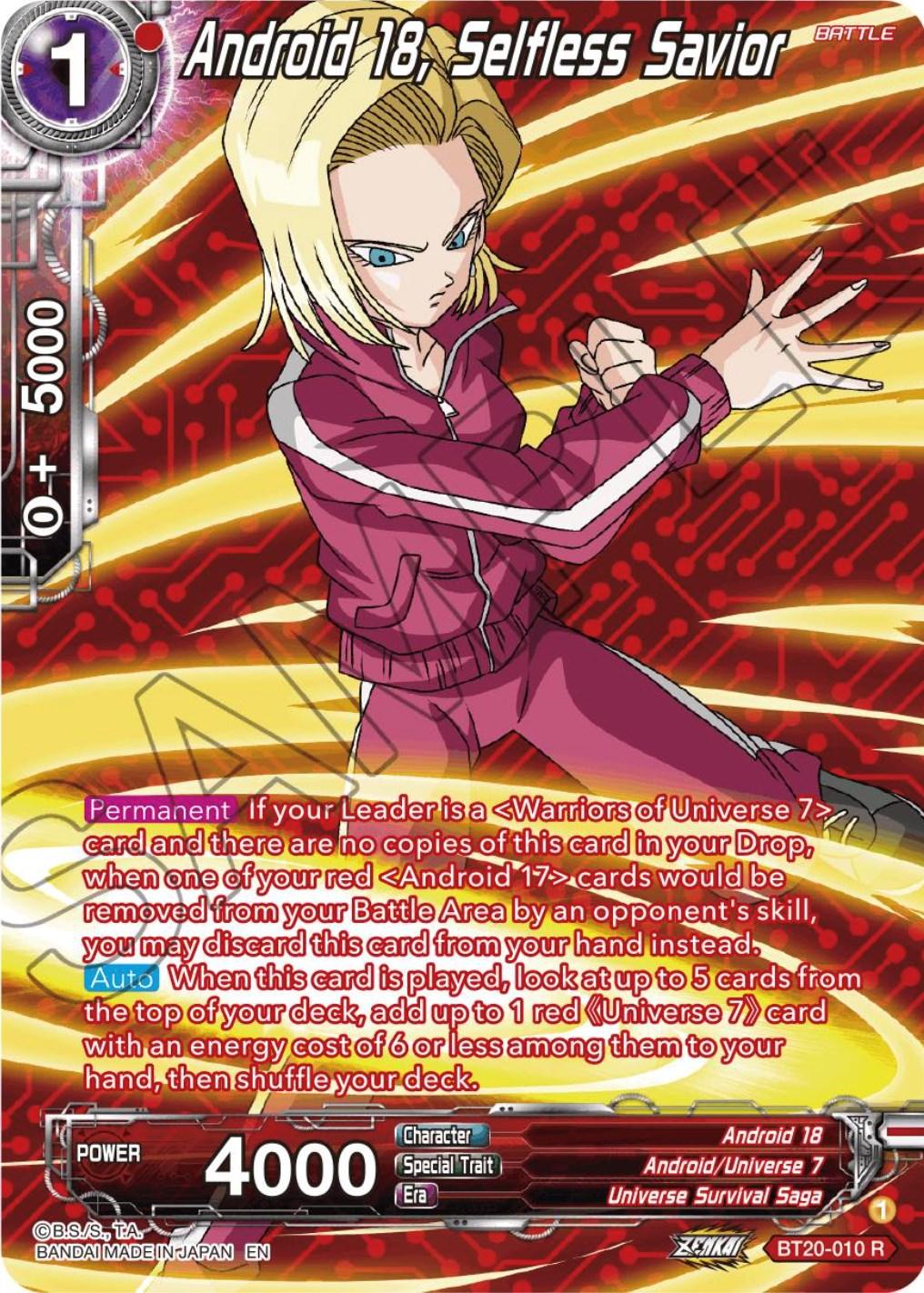 Android 18, Android/Universe 7, Battle, BT20-010, Parallel Foil, Power Absorbed, Rare, Red, Universe Survival Saga Android 18, Selfless Savior (Silver Foil) (BT20-010) [Power Absorbed] - Trading Card World