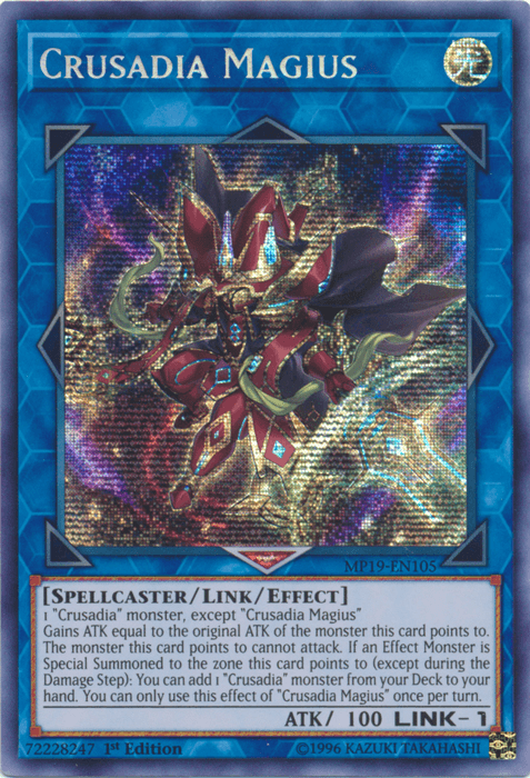 1st Edition, 2019 Gold Sarcophagus Tin Mega Pack, Light, Link/Effect Monster, Prismatic Secret Rare, Spellcaster, Unlimited Crusadia Magius [MP19-EN105] Prismatic Secret Rare - Trading Card World