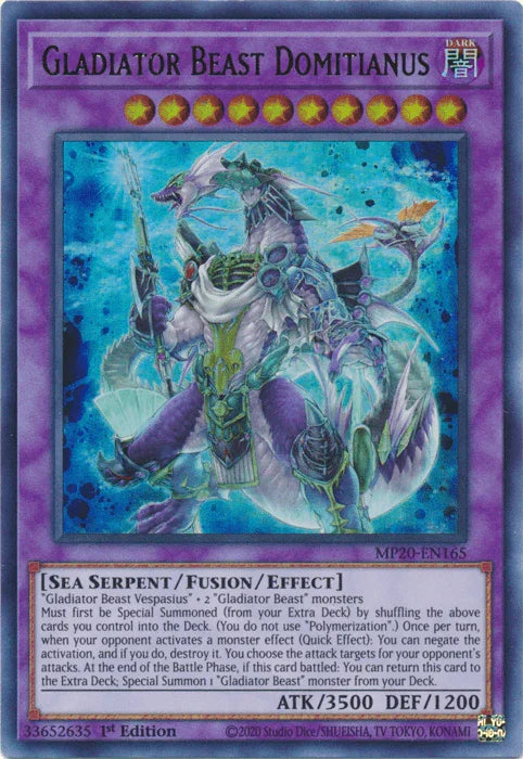 1st Edition, 2020 Tin of Lost Memories, Dark, Fusion/Effect Monster, Sea Serpent, Ultra Rare Gladiator Beast Domitianus [MP20-EN165] Ultra Rare - Trading Card World