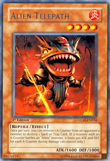 1st Edition, Effect Monster, Fire, Gladiator's Assault, Rare, Reptile, Unlimited Alien Telepath [GLAS-EN034] Rare - Trading Card World