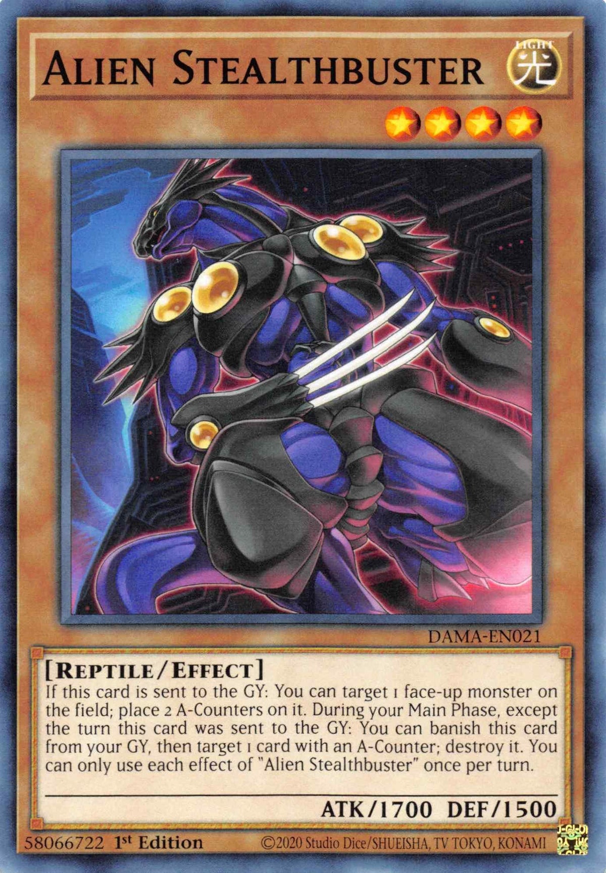 1st Edition, Common, Dawn of Majesty, Effect Monster, Light, Reptile Alien Stealthbuster [DAMA-EN021] Common - Trading Card World