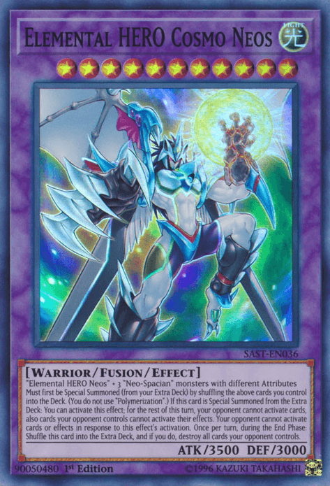 1st Edition, Fusion/Effect Monster, Light, Savage Strike, Super Rare, Unlimited, Warrior Elemental HERO Cosmo Neos [SAST-EN036] Super Rare - Trading Card World