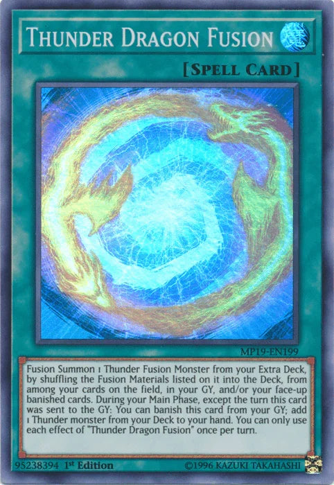 1st Edition, 2019 Gold Sarcophagus Tin Mega Pack, Normal Spell, Spell, Super Rare, Unlimited Thunder Dragon Fusion [MP19-EN199] Super Rare - Trading Card World