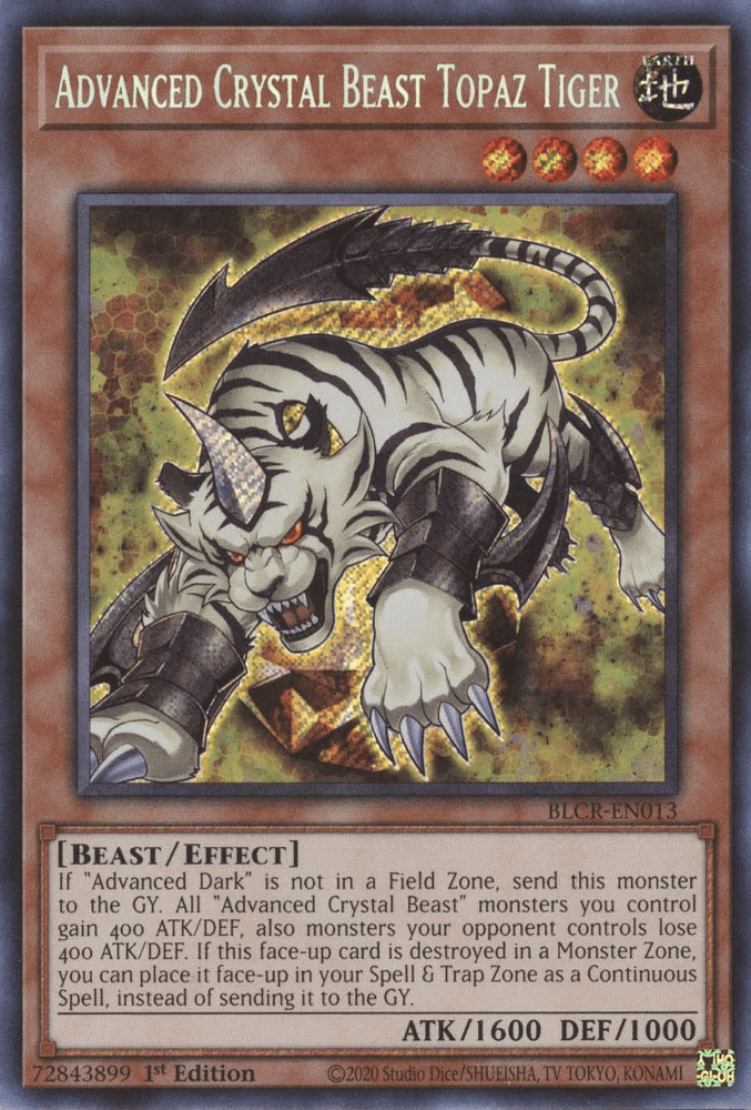 1st Edition, Battles of Legend: Crystal Revenge, Beast, Earth, Effect Monster, Secret Rare Advanced Crystal Beast Topaz Tiger [BLCR-EN013] Secret Rare - Trading Card World