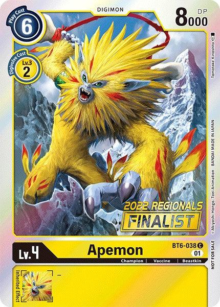 Beastkin, BT6-038, Champion, Common, Digimon, Double Diamond Promos, Vaccine, Yellow Apemon [BT6-038] (2022 Championship Online Regional) (Online Finalist) [Double Diamond Promos] - Trading Card World
