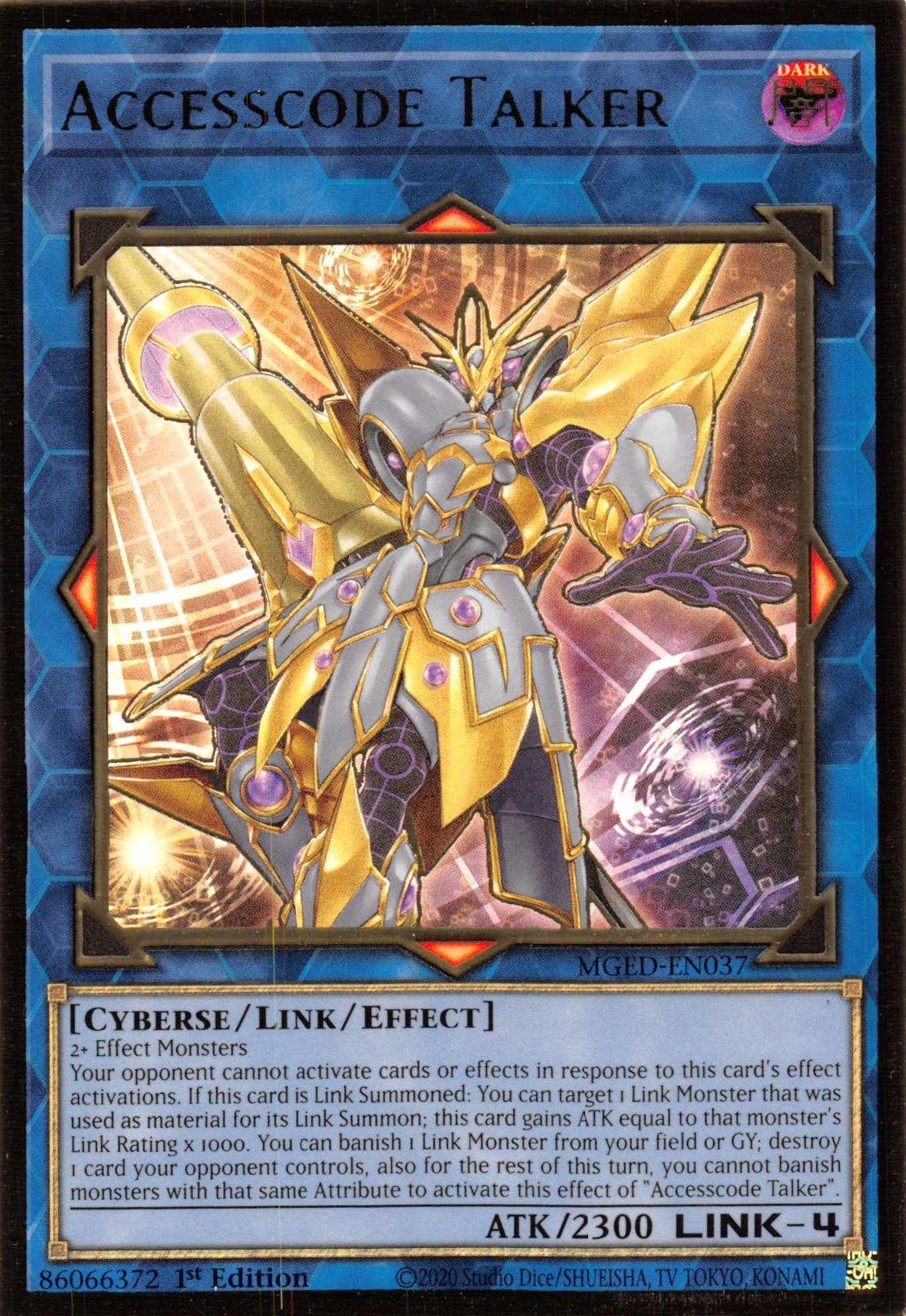 1st Edition, Cyberse, Dark, Gold Rare, Link/Effect Monster, Maximum Gold: El Dorado Accesscode Talker [MGED-EN037] Gold Rare - Trading Card World