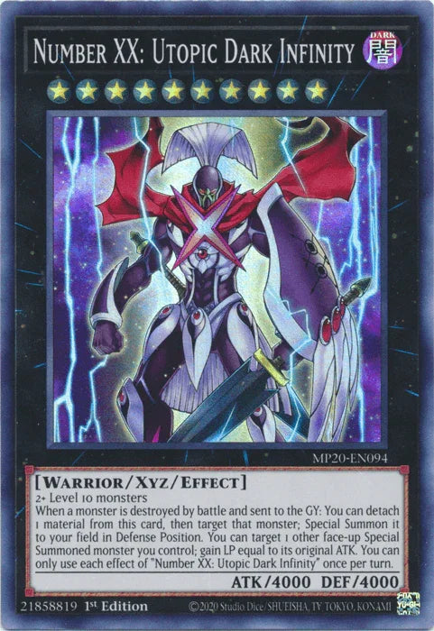 1st Edition, 2020 Tin of Lost Memories, Dark, Super Rare, Warrior, Xyz/Effect Monster Number XX: Utopic Dark Infinity [MP20-EN094] Super Rare - Trading Card World