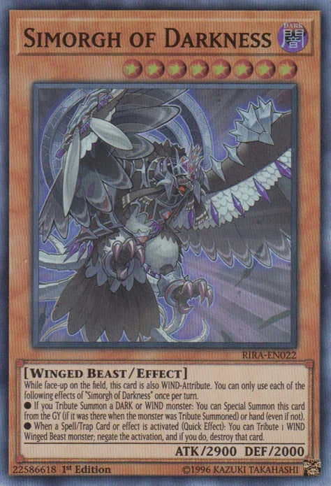 1st Edition, Dark, Effect Monster, Rising Rampage, Super Rare, Unlimited, Winged Beast Simorgh of Darkness [RIRA-EN022] Super Rare - Trading Card World