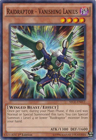1st Edition, Common, Dark, Effect Monster, Secrets of Eternity, Unlimited, Winged Beast Raidraptor - Vanishing Lanius [SECE-EN011] Common - Trading Card World