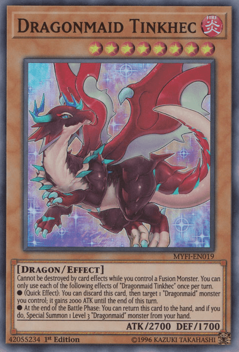 1st Edition, Dragon, Effect Monster, Fire, Mystic Fighters, Super Rare Dragonmaid Tinkhec [MYFI-EN019] Super Rare - Trading Card World