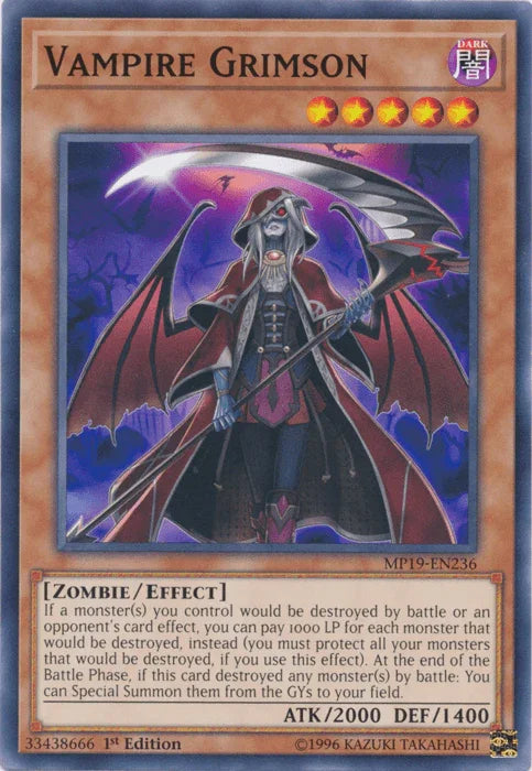 1st Edition, 2019 Gold Sarcophagus Tin Mega Pack, Common, Dark, Effect Monster, Unlimited, Zombie Vampire Grimson [MP19-EN236] Common - Trading Card World