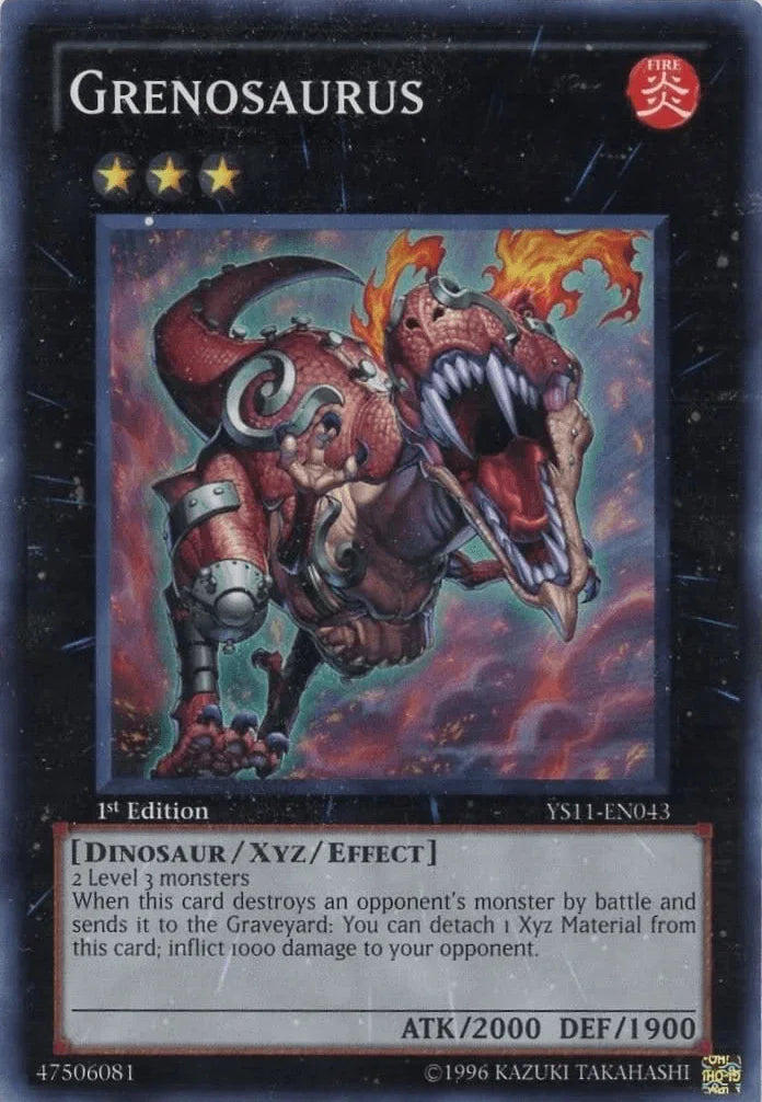1st Edition, Dinosaur, Fire, Starter Deck: Dawn of the Xyz, Super Rare, Xyz/Effect Monster Grenosaurus [YS11-EN043] Super Rare - Trading Card World
