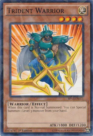 1st Edition, Battle Pack 3: Monster League, Effect Monster, Light, Shatterfoil Rare, Warrior Trident Warrior [BP03-EN075] Shatterfoil Rare - Trading Card World