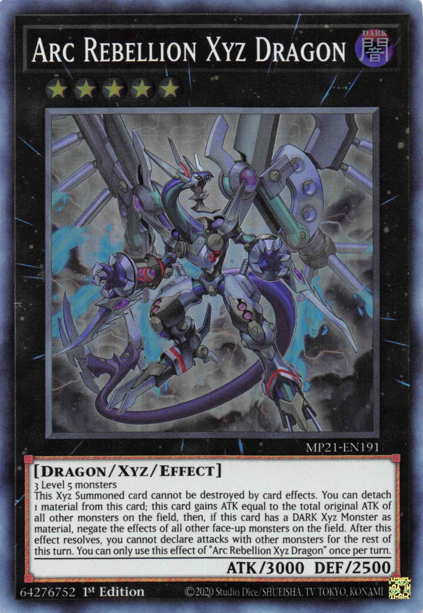 1st Edition, 2021 Tin of Ancient Battles, Dark, Dragon, Super Rare, Xyz/Effect Monster Arc Rebellion Xyz Dragon [MP21-EN191] Super Rare - Trading Card World