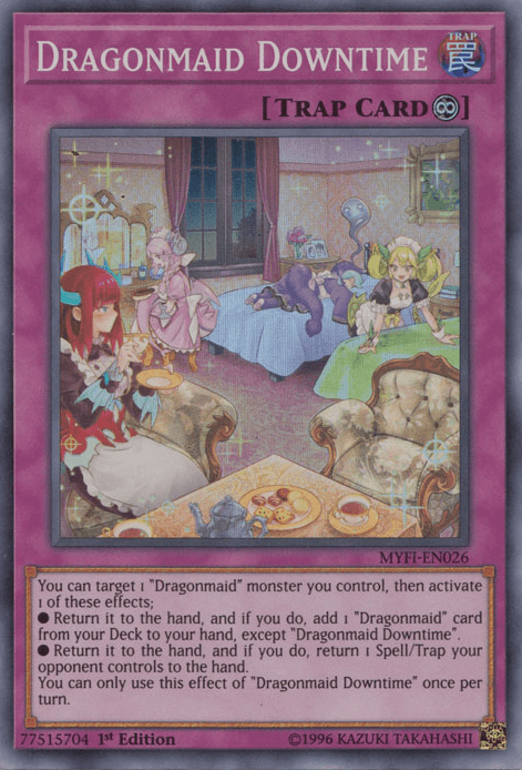 1st Edition, Continuous Trap, Mystic Fighters, Super Rare, Trap Dragonmaid Downtime [MYFI-EN026] Super Rare - Trading Card World