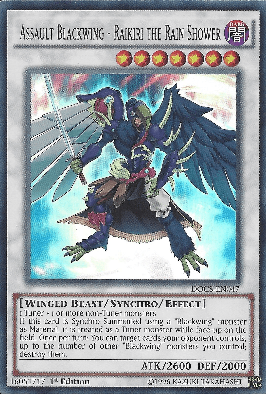 1st Edition, Dark, Dimension of Chaos, Synchro/Effect Monster, Ultra Rare, Unlimited, Winged Beast Assault Blackwing - Raikiri the Rain Shower [DOCS-EN047] Ultra Rare - Trading Card World