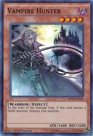 1st Edition, 2014 Mega-Tins Mega Pack, Dark, Effect Monster, Super Rare, Warrior Vampire Hunter [MP14-EN155] Super Rare - Trading Card World