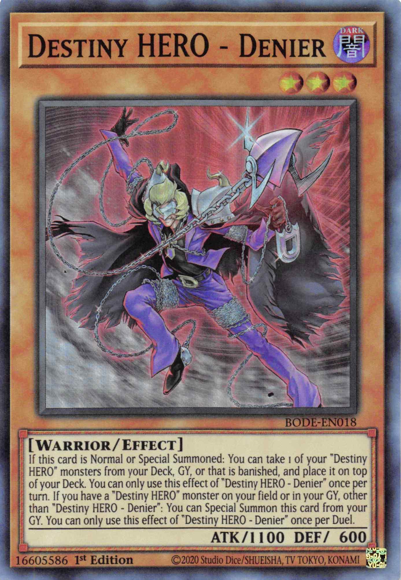 1st Edition, Burst of Destiny, Dark, Effect Monster, Super Rare, Warrior Destiny HERO - Denier [BODE-EN018] Super Rare - Trading Card World