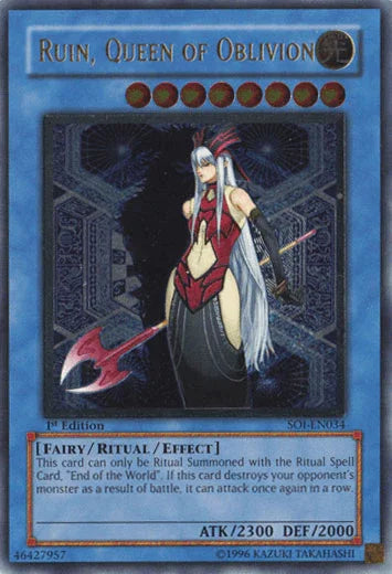 1st Edition, Fairy, Light, Ritual/Effect Monster, Shadow of Infinity, Ultimate Rare, Unlimited Ruin, Queen of Oblivion (UTR) [SOI-EN034] Ultimate Rare - Trading Card World