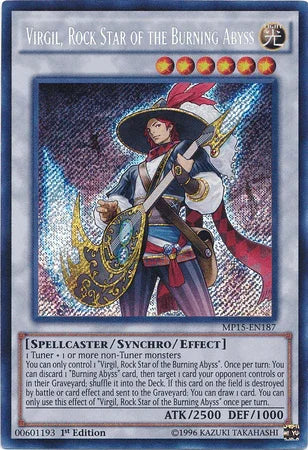 1st Edition, 2015 Mega-Tins Mega Pack, Light, Secret Rare, Spellcaster, Synchro/Effect Monster Virgil, Rock Star of the Burning Abyss [MP15-EN187] Secret Rare - Trading Card World
