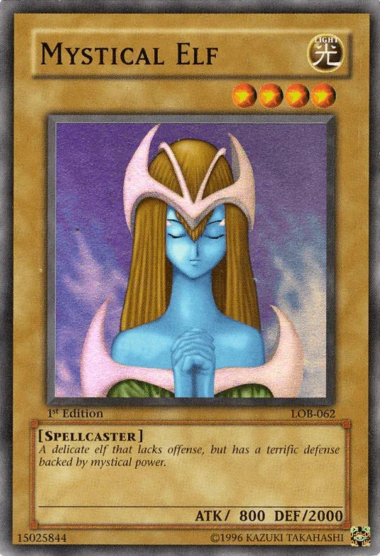 1st Edition, Light, Normal Monster, Spellcaster, Super Rare, The Legend of Blue Eyes White Dragon, Unlimited Mystical Elf [LOB-062] Super Rare - Trading Card World