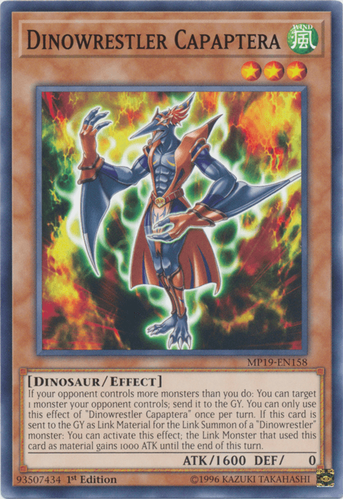 1st Edition, 2019 Gold Sarcophagus Tin Mega Pack, Common, Dinosaur, Effect Monster, Unlimited, Wind Dinowrestler Capaptera [MP19-EN158] Common - Trading Card World