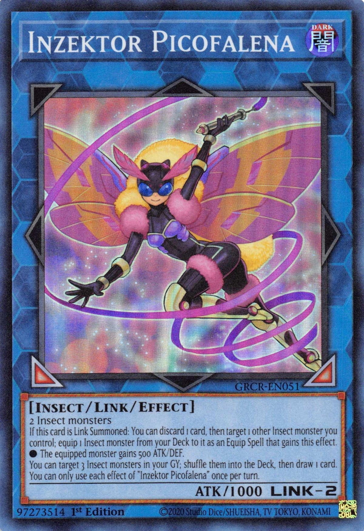 1st Edition, Dark, Insect, Link/Effect Monster, Super Rare, The Grand Creators Inzektor Picofalena [GRCR-EN051] Super Rare - Trading Card World