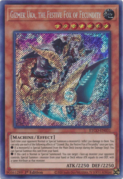 1st Edition, Earth, Effect Monster, Eternity Code, Machine, Secret Rare Gizmek Uka, the Festive Fox of Fecundity [ETCO-EN031] Secret Rare - Trading Card World