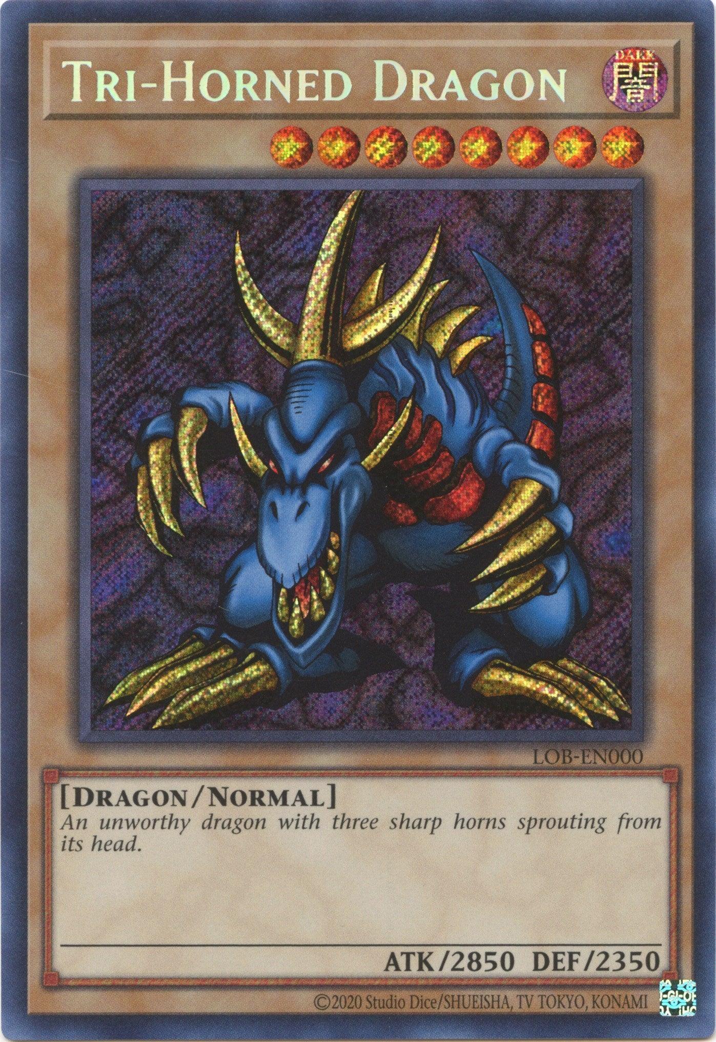 Dark, Dragon, Legend of Blue Eyes White Dragon (25th Anniversary Edition), Normal Monster, Secret Rare, Unlimited Tri-Horned Dragon (25th Anniversary) [LOB-EN000] Secret Rare - Trading Card World