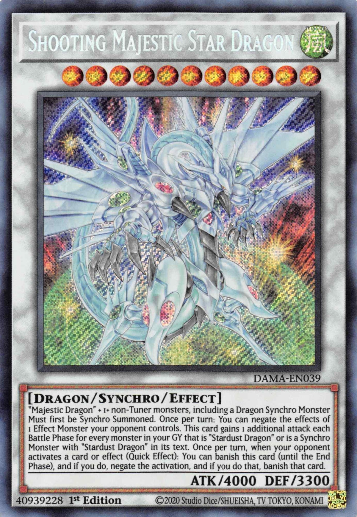 1st Edition, Dawn of Majesty, Dragon, Secret Rare, Synchro/Effect Monster, Wind Shooting Majestic Star Dragon [DAMA-EN039] Secret Rare - Trading Card World