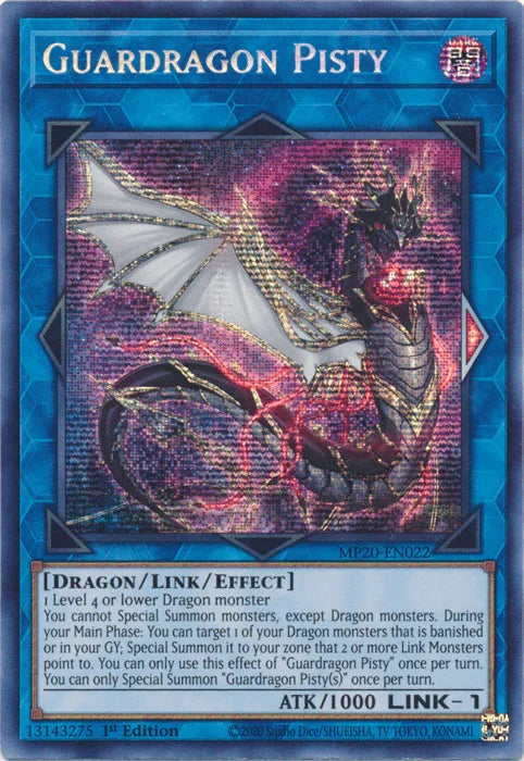 1st Edition, 2020 Tin of Lost Memories, Dark, Dragon, Link/Effect Monster, Prismatic Secret Rare Guardragon Pisty [MP20-EN022] Prismatic Secret Rare - Trading Card World