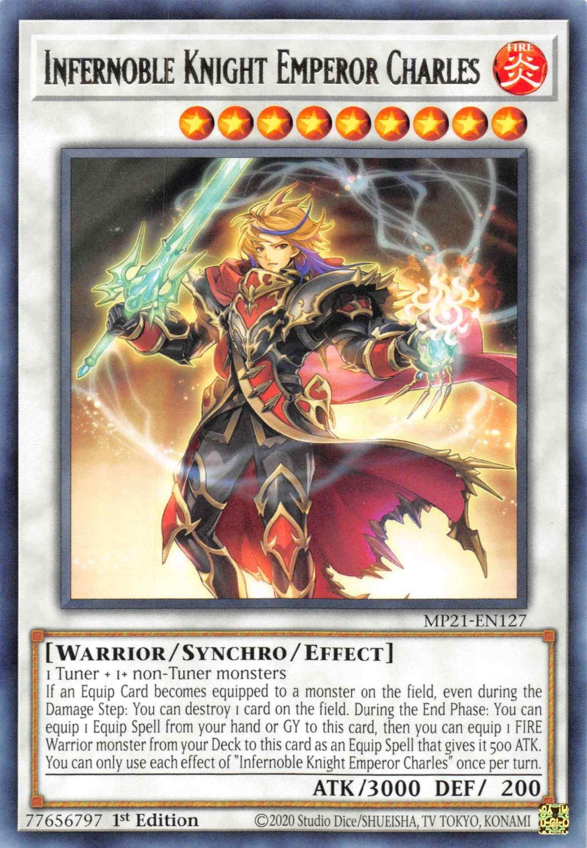 1st Edition, 2021 Tin of Ancient Battles, Fire, Rare, Synchro/Effect Monster, Warrior Infernoble Knight Emperor Charles [MP21-EN127] Rare - Trading Card World