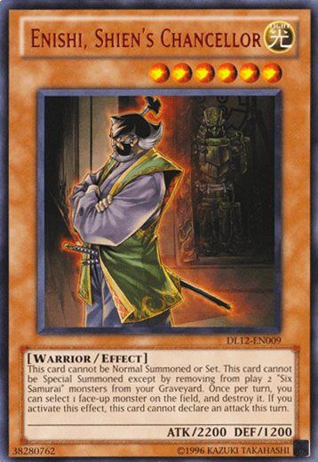 Duelist League Promo, Effect Monster, Light, Rare, Unlimited, Warrior Enishi, Shien's Chancellor (Red) [DL12-EN009] Rare - Trading Card World