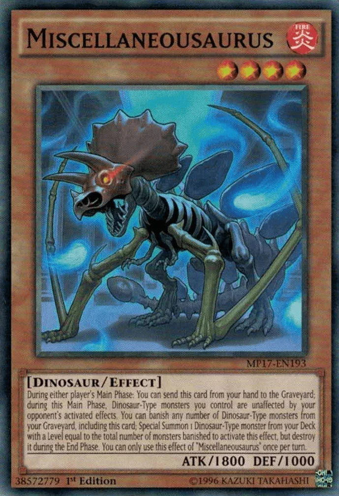 1st Edition, 2017 Mega-Tins Mega Pack, Common, Dinosaur, Effect Monster, Fire Miscellaneousaurus [MP17-EN193] Common - Trading Card World