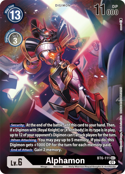 BT6-111, Digimon, Double Diamond, Holy Warrior/Royal Knight/X-Antibody, Mega, Purple, Secret Rare, Vaccine Alphamon [BT6-111] (Alternate Art) [Double Diamond] - Trading Card World