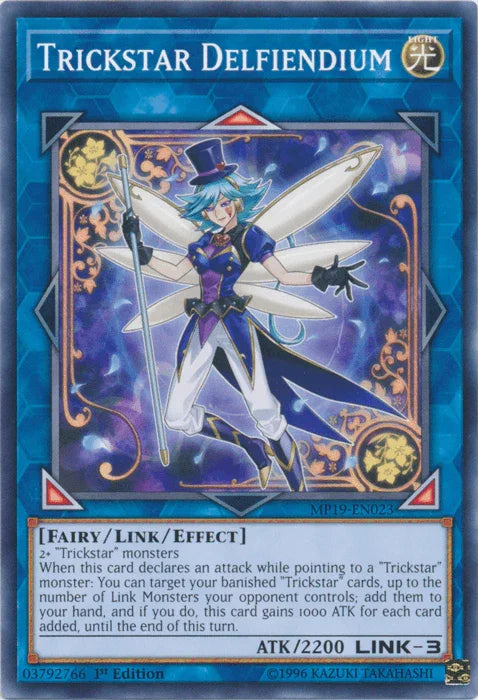 1st Edition, 2019 Gold Sarcophagus Tin Mega Pack, Common, Fairy, Light, Link/Effect Monster, Unlimited Trickstar Delfiendium [MP19-EN023] Common - Trading Card World