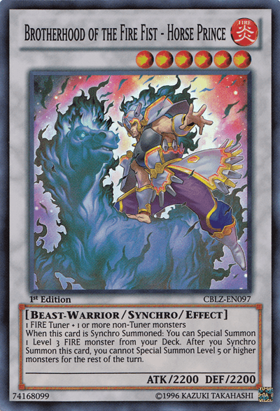 1st Edition, Beast-Warrior, Cosmo Blazer, Fire, Super Rare, Synchro/Effect Monster, Unlimited Brotherhood of the Fire Fist - Horse Prince [CBLZ-EN097] Super Rare - Trading Card World