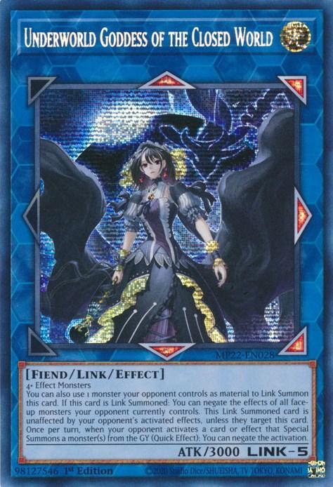 1st Edition, 2022 Tin of the Pharaoh's Gods, Fiend, Light, Link/Effect Monster, Prismatic Secret Rare Underworld Goddess of the Closed World [MP22-EN028] Prismatic Secret Rare - Trading Card World