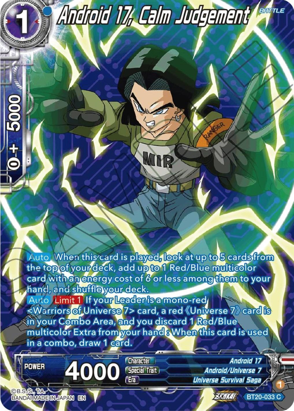Android 17, Android/Universe 7, Battle, Blue, BT20-033, Common, Parallel Foil, Power Absorbed, Universe Survival Saga Android 17, Calm Judgement (Silver Foil) (BT20-033) [Power Absorbed] - Trading Card World