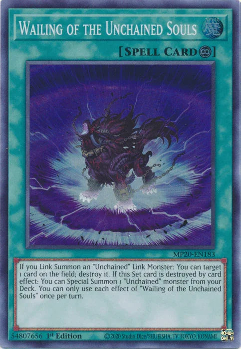 1st Edition, 2020 Tin of Lost Memories, Continuous Spell, Spell, Super Rare Wailing of the Unchained Souls [MP20-EN183] Super Rare - Trading Card World