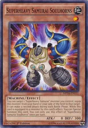 1st Edition, 2016 Mega-Tins Mega Pack, Common, Earth, Effect Monster, Machine, Unlimited Superheavy Samurai Soulhorns [MP16-EN111] Common - Trading Card World