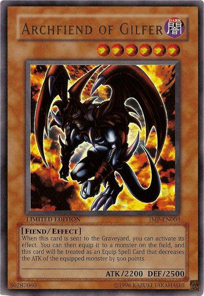 Dark, Effect Monster, Fiend, Limited, Shonen Jump Magazine Promos, Ultra Rare Archfiend of Gilfer [JMP-EN003] Ultra Rare - Trading Card World