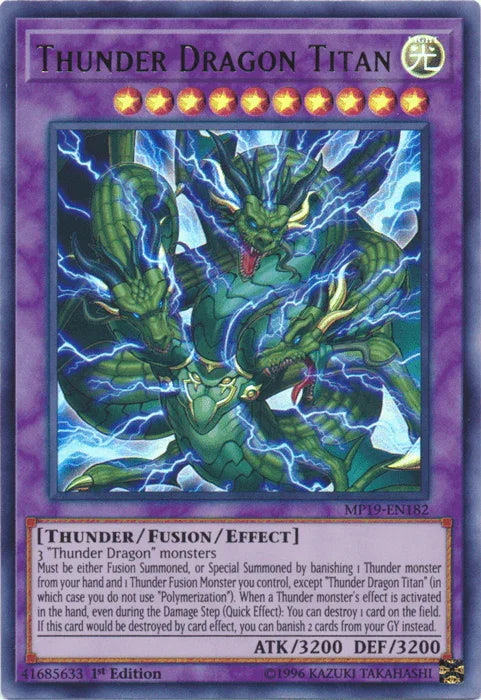 1st Edition, 2019 Gold Sarcophagus Tin Mega Pack, Fusion/Effect Monster, Light, Thunder, Ultra Rare, Unlimited Thunder Dragon Titan [MP19-EN182] Ultra Rare - Trading Card World