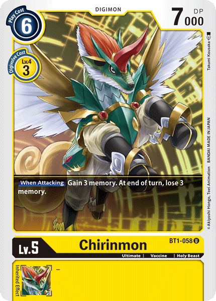 BT1-058, Digimon, Holy Beast, Release Special Booster Ver.1.0, Ultimate, Uncommon, Vaccine, Yellow Chirinmon [BT1-058] [Release Special Booster Ver.1.0] - Trading Card World