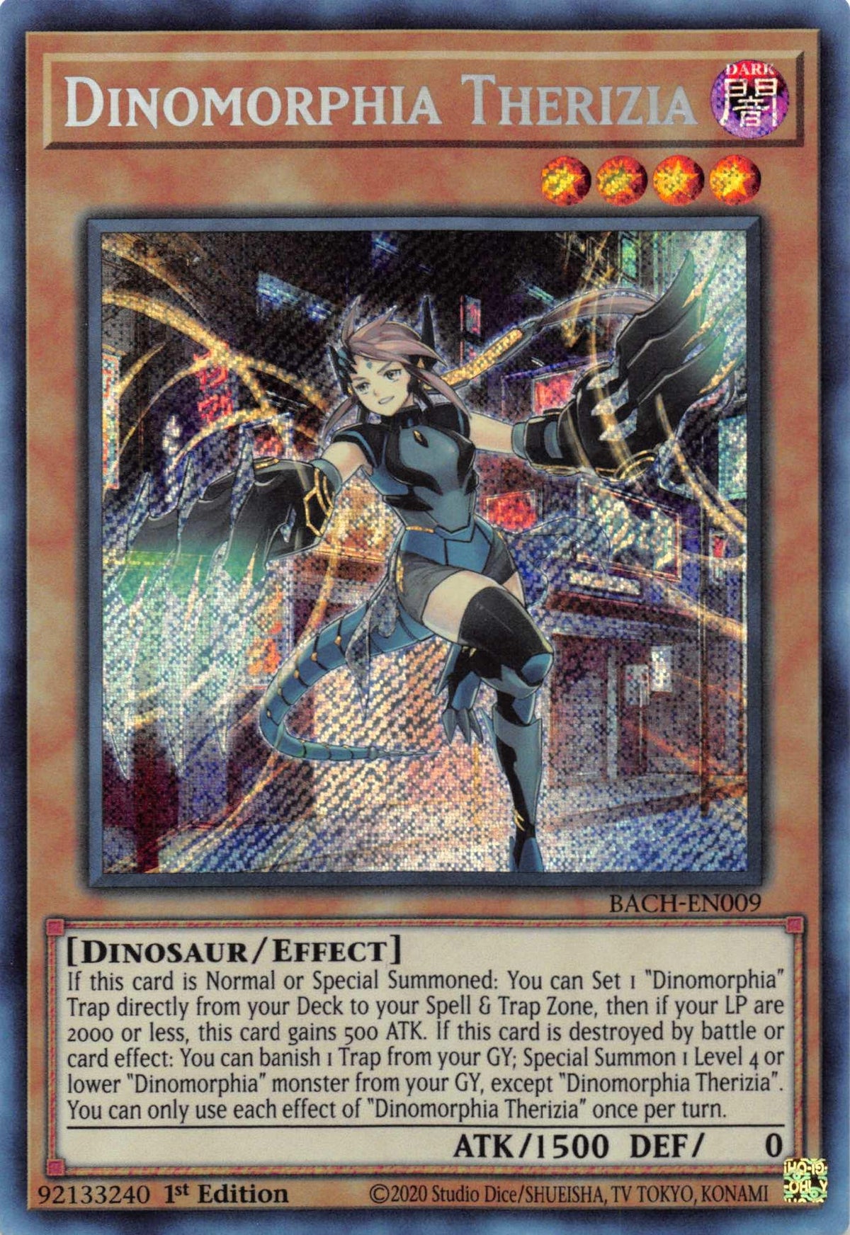 1st Edition, Battle of Chaos, Dark, Dinosaur, Effect Monster, Secret Rare Dinomorphia Therizia [BACH-EN009] Secret Rare - Trading Card World