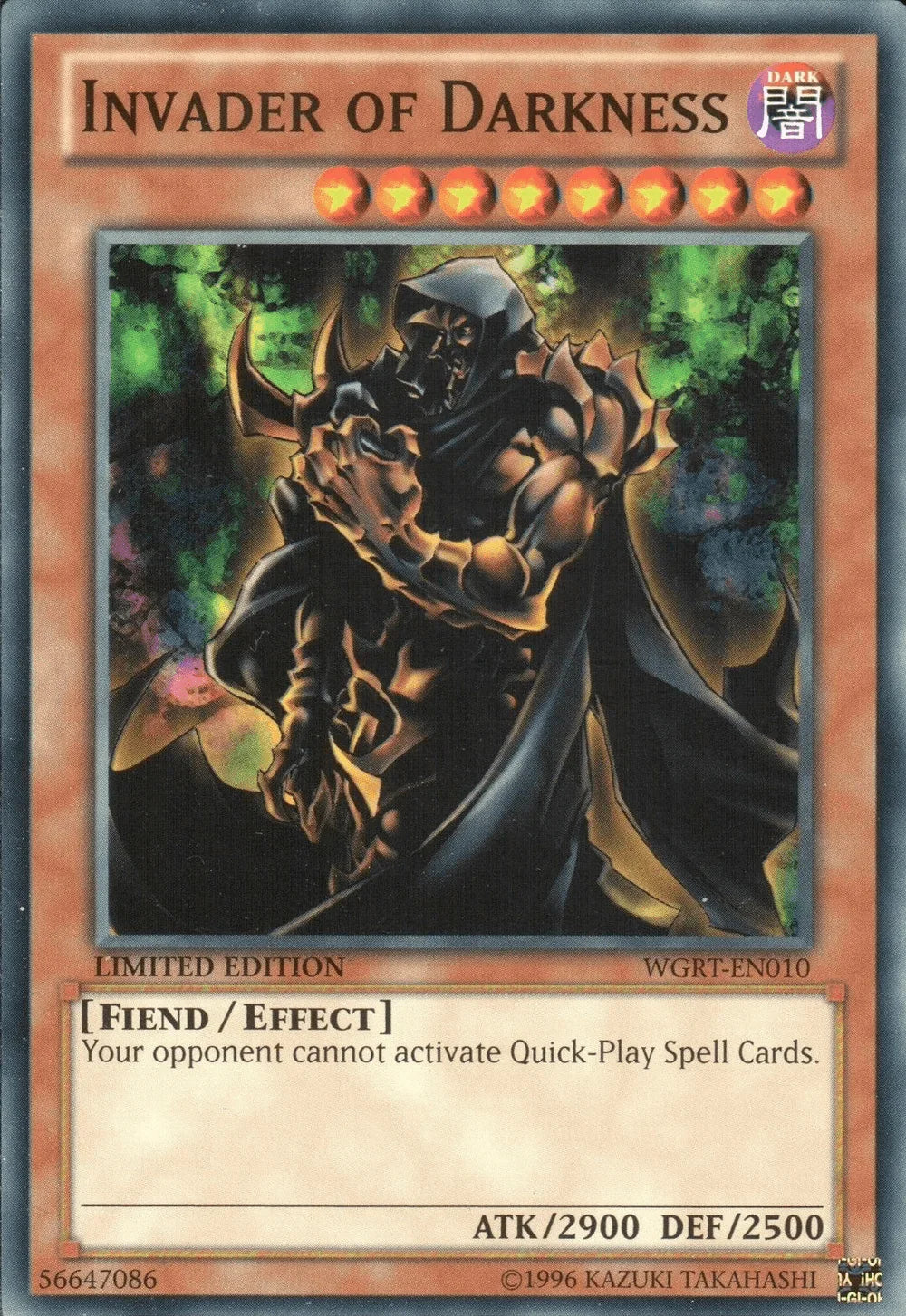 Battle Pack 2: War of the Giants Reinforcements, Common, Dark, Effect Monster, Limited Invader of Darkness [WGRT-EN010] Common - Trading Card World